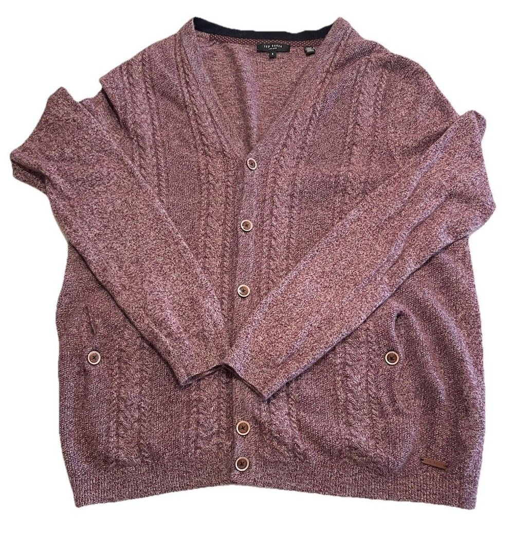 Ted Baker Men's Small Cable Knit Cardigan Sweater Burgundy Wool Blend